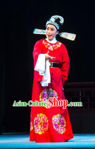 Chinese Yue Opera Xiao Sheng Lu You And Tang Wan Wedding Costumes and Hat Shaoxing Opera Scholar Apparels Young Male Brodegroom Red Embroidered Robe Garment