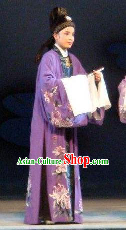 Chinese Yue Opera Xiaosheng Scholar Lu You And Tang Wan Costumes and Headwear Shaoxing Opera Niche Apparels Purple Garment