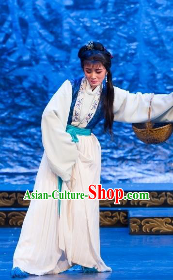 Chinese Shaoxing Opera Village Woman Dress Yue Opera Wu Nv Bai Shou Hua Dan Garment Costumes Yang Sanchun Apparels and Headdress