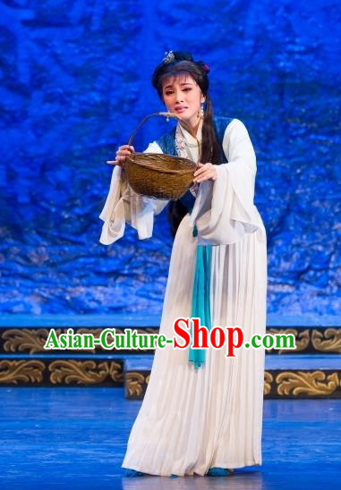 Chinese Shaoxing Opera Village Woman Dress Yue Opera Wu Nv Bai Shou Hua Dan Garment Costumes Yang Sanchun Apparels and Headdress