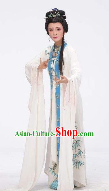 Chinese Shaoxing Opera Hua Tan White Dress and Headpieces Yue Opera Wu Nv Bai Shou Actress Garment Costumes Young Female Apparels