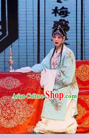 Chinese Shaoxing Opera Hua Tan Garment and Headpieces Yue Opera Tell On Sargam Zhang Zhenzhu Blue Dress Distress Maiden Costumes Apparels