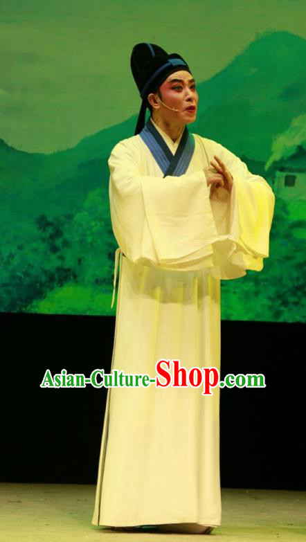 Chinese Yue Opera Scholar Shuang Jiao Jie Qin Costumes and Hat Shaoxing Opera Young Male Garment White Robe Niche Apparels