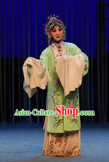 Chinese Shaoxing Opera Huadan Apparels and Headdress Yue Opera Tell On Sargam Garment Costumes Young Lady Green Dress