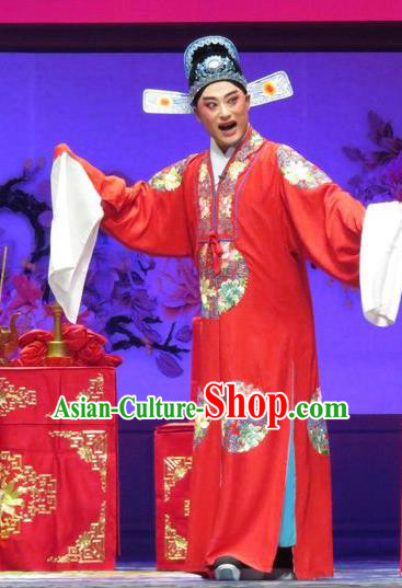 Chinese Yue Opera Young Male Tell On Sargam Costumes and Hat Shaoxing Opera Xiaosheng Garment Scholar Red Apparels Clothing