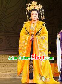 Chinese Shaoxing Opera Empress Costumes and Headdress Yue Opera Farewell Song of Da Tang Apparels Garment Queen Wu Zetian Golden Dress