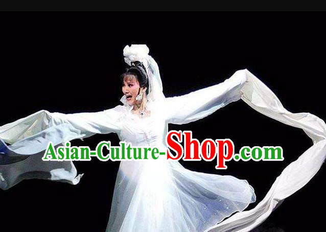 Chinese Shaoxing Opera Courtesan Costumes and Headdress Yue Opera The Ungrateful Lover Qing Tan Jiao Guiying Garment Apparels Hua Tan White Dress