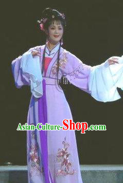 Chinese Shaoxing Opera Hua Tan Jiao Guiying Purple Dress and Hair Accessories Yue Opera The Ungrateful Lover Qing Tan Actress Garment Apparels Courtesan Costumes