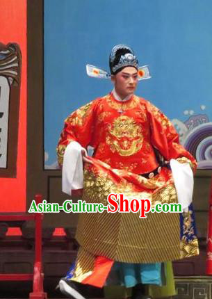 Chinese Yue Opera Tell On Sargam Costumes and Hat Shaoxing Opera Xiaosheng Garment Young Male Apparels Clothing Chen Guangzu Red Embroidered Robe