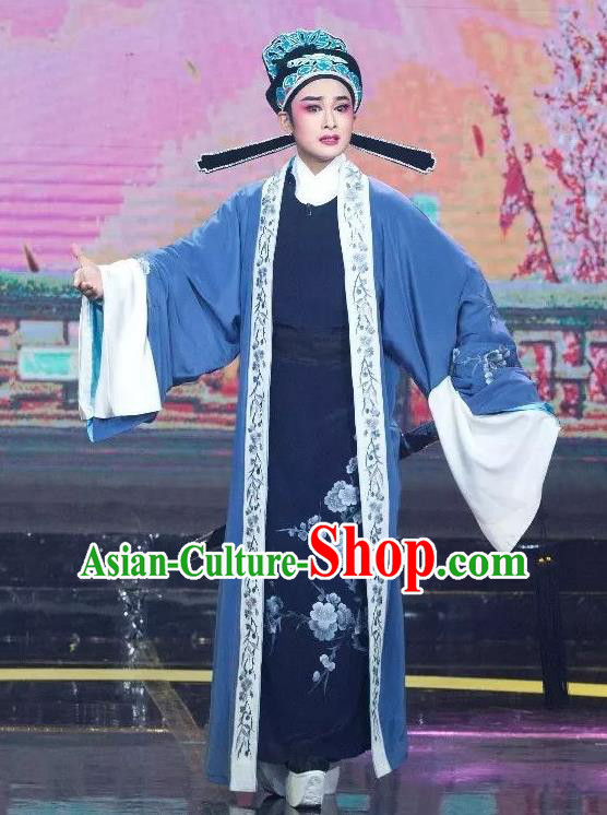 Chinese Yue Opera Niche Scholar Lu You And Tang Wan Costumes and Headwear Shaoxing Opera Xiaosheng Apparels Blue Embroidered Robe Garment