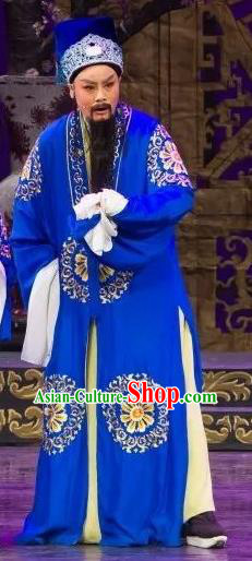 Chinese Yue Opera Elderly Male Wu Nv Bai Shou Costumes and Hat Shaoxing Opera Assistant Minister Apparels Yang Jikang Blue Garment