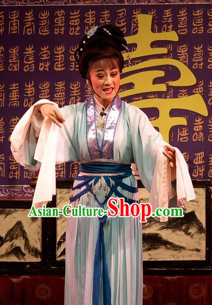 Chinese Shaoxing Opera Diva Green Dress Yue Opera Wu Nv Bai Shou Costumes Hua Tan Actress Garment Apparels and Hair Ornaments