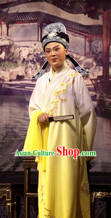 Chinese Yue Opera Young Man Wu Nv Bai Shou Costumes and Hat Shaoxing Opera Apparels Xiao Sheng Yellow Embroidered Robe Garment