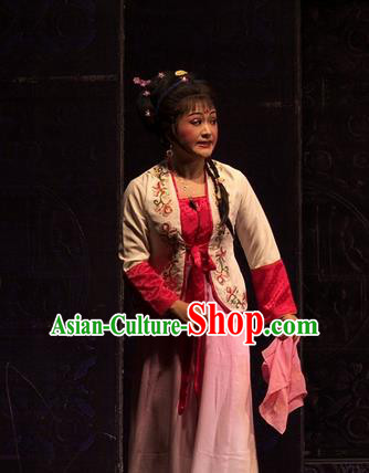 Chinese Shaoxing Opera Xiao Dan Dress Yue Opera Wu Nv Bai Shou Costumes Garment Servant Girl Cui Yun Apparels and Hair Ornaments