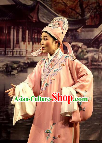 Chinese Yue Opera Xiaosheng Wu Nv Bai Shou Costumes and Headwear Shaoxing Opera Young Male Apparels Scholar Pink Embroidered Robe Garment