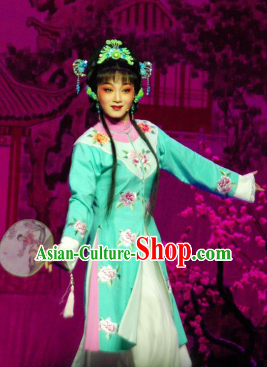 Chinese Shaoxing Opera Noble Lady Green Dress and Headpieces Yue Opera Hua Tan Costume Tan Chun Actress Apparels Garment