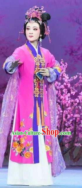 Chinese Shaoxing Opera Elderly Lady Rosy Dress Costume and Hair Accessories Yue Opera Apparels Tan Chun Noble Dame Garment