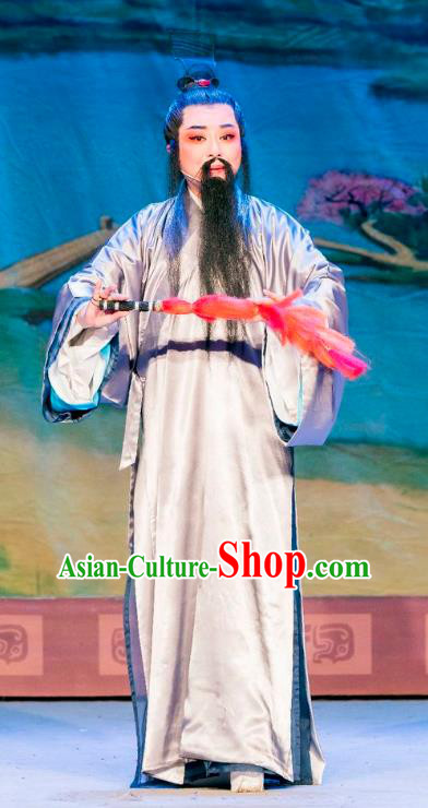 Chinese Yue Opera Elderly Man Apparels Costumes and Headpiece Hu Die Meng Butterfly Dream Shaoxing Opera Laosheng Garment Zhuang Zhou Grey Robe