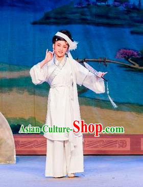 Chinese Shaoxing Opera Distress Maiden White Dress Apparels and Headdress Hu Die Meng Butterfly Dream Yue Opera Female Role Garment Costumes