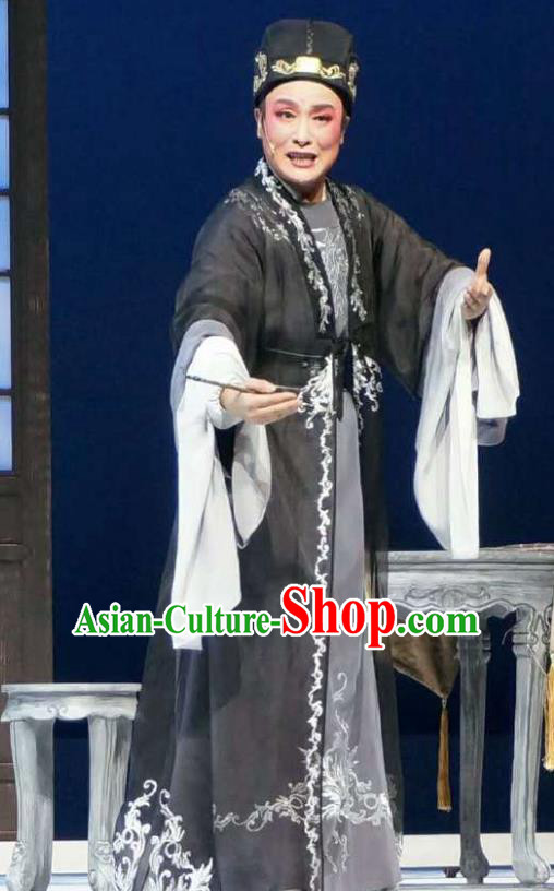 Chinese Yue Opera Xiaosheng Apparels Xiang Luo Ji Costumes and Hat Shaoxing Opera Young Male Garment Scholar Zhang Black Clothing