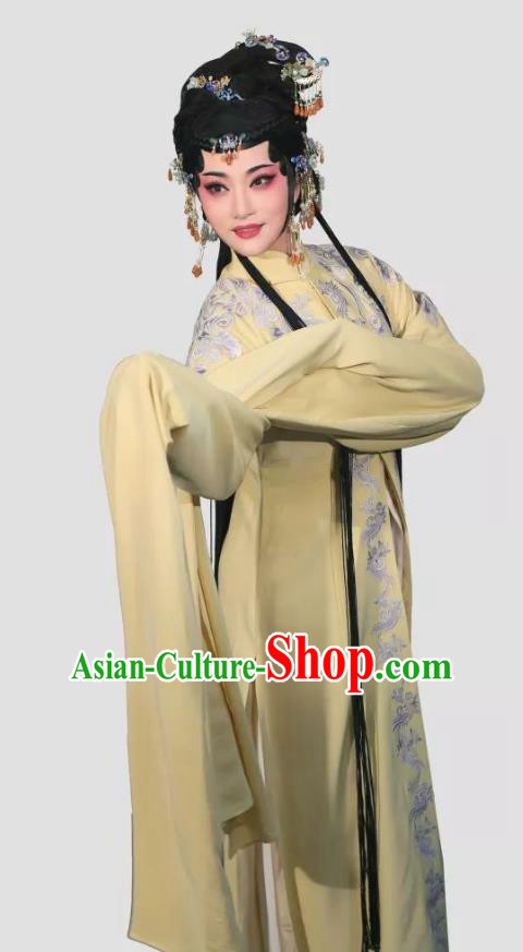 Chinese Shaoxing Opera Young Mistress Costumes and Headpieces Xiang Luo Ji Yue Opera Huadan Garment Apparels Clothing Female Yellow Dress