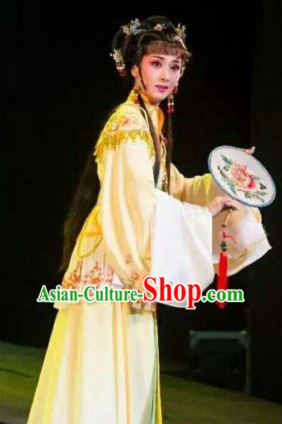 Chinese Shaoxing Opera Yellow Dress Costumes and Headwear Yue Opera Hua Tan Princess Liu Jinding Garment Apparels San Kan Yu Mei Clothing