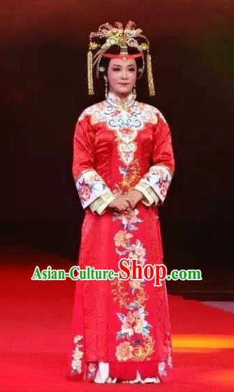 Feng Jie Chinese Shaoxing Opera Hua Tan Red Dress Apparels and Headpieces Yue Opera Noble Mistress Wang Xifeng Garment Costumes