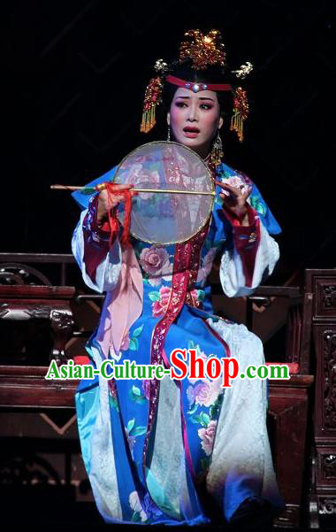 Feng Jie Chinese Shaoxing Opera Noble Young Mistress Wang Xifeng Apparels and Headdress Yue Opera Hua Tan Costumes Actress Dress Garment