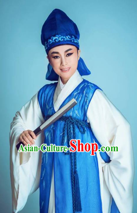 Chinese Yue Opera Chunh Yang Young Male Costumes and Headwear Shaoxing Opera Scholar Li Menglong Garment Apparels Blue Robe