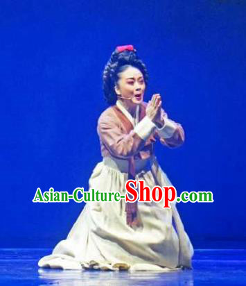 Chinese Shaoxing Opera Elderly Female Garment Apparels and Headdress Chunh Yang Yue Opera Garment Geisha Yue Mei Dress Costumes