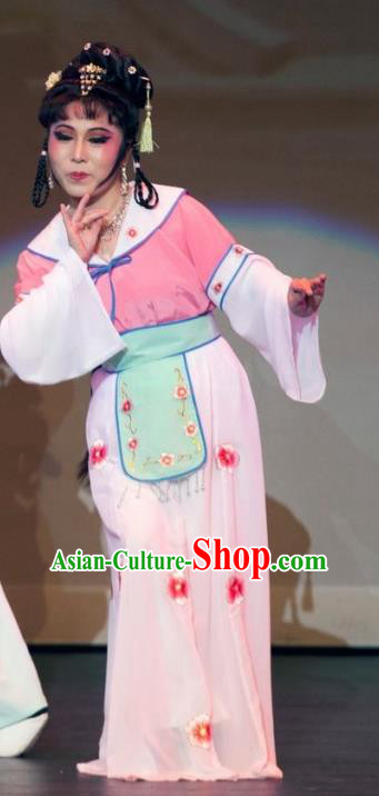 Chinese Shaoxing Opera Xiaodan Garment Apparels From Love to Patriotism Deliver the Messenger Costumes and Hair Accessories Yue Opera Actress Court Maid Ji Di Pink Dress