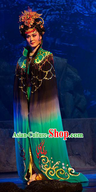 Chinese Shaoxing Opera Dragon Princess Green Costumes and Headpieces Yue Opera Hua Tan Hai Ming Zhu Actress Apparels Garment Dress