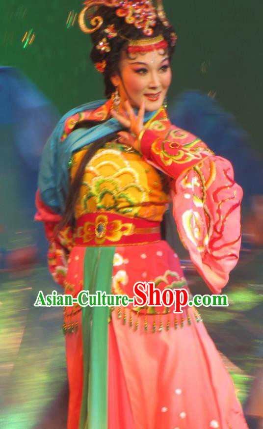 Chinese Shaoxing Opera Hua Tan Actress Costumes and Headpieces Yue Opera Hua Tan Hai Ming Zhu Dragon Princess Pink Dress Garment Apparels