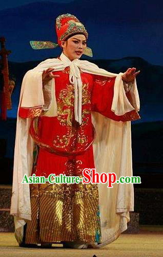 Chinese Yue Opera Scholar Red Embroidered Robe Costumes and Hat Xun An Zhan Fu Shaoxing Opera Xiaosheng Young Male Xu Qing Apparels Garment