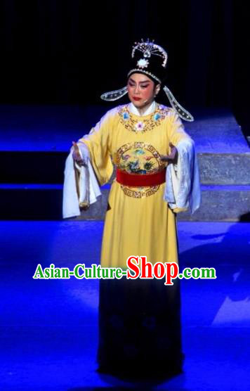 Chinese Yue Opera Young Male Costumes and Headwear Xun An Zhan Fu Shaoxing Opera Xiaosheng Garment Apparels Scholar Yellow Robe