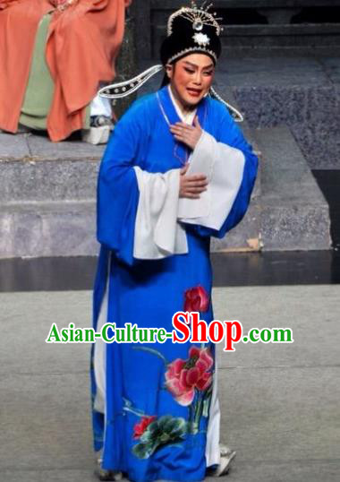 Chinese Yue Opera Scholar Costumes and Hat Xun An Zhan Fu Shaoxing Opera Xiaosheng Garment Apparels Young Male Xu Qing Blue Robe