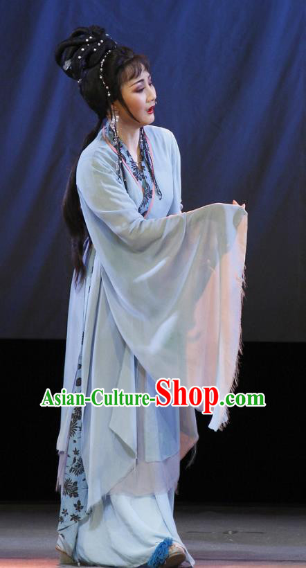 Chinese Shaoxing Opera Actress Blue Dress and Headpieces The Princess Messenger Farewell at Lakeside Yue Opera Hua Tan Garment Apparels Dragon Girl Costumes