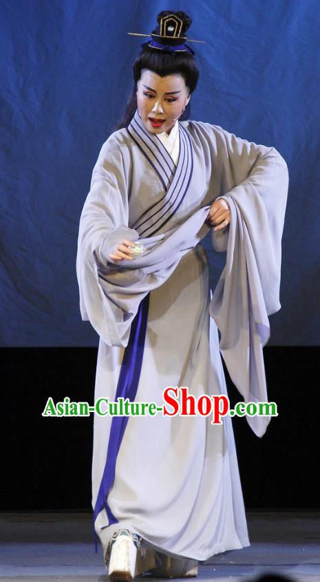 Chinese Yue Opera Scholar Liu Yi Costumes and Headwear The Princess Messenger Farewell at Lakeside Shaoxing Opera Xiaosheng Young Male Robe Garment Apparels