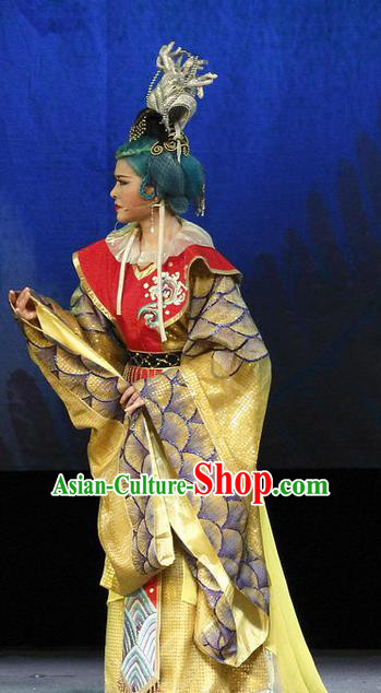 Chinese Shaoxing Opera Dragon Queen Dress and Headdress The Princess Messenger Farewell at Lakeside Yue Opera Elderly Female Garment Apparels Costumes