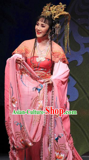 Chinese Shaoxing Opera Hua Tan Dress Costumes and Headdress The Princess Messenger Farewell at Lakeside Yue Opera Dragon Princess San Niang Garment Apparels