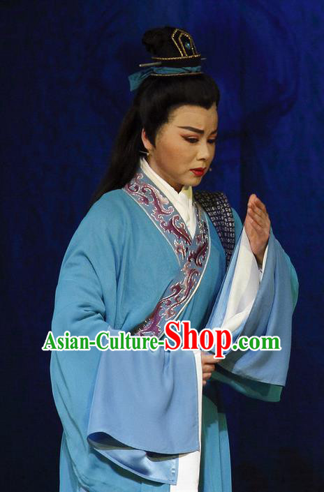 Chinese Yue Opera Scholar Blue Robe Apparels and Headwear The Princess Messenger Farewell at Lakeside Shaoxing Opera Young Male Liu Yi Garment Costumes