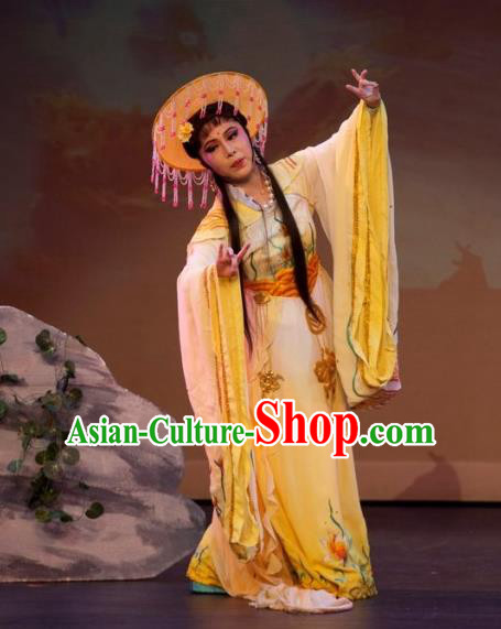 Chinese Shaoxing Opera Actress Yellow Dress Costumes and Hat The Princess Messenger Farewell at Lakeside Yue Opera Hua Tan San Niang Garment Apparels