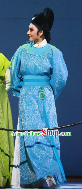 Liu Yong Chinese Yue Opera Young Male Blue Robe Garment and Hat Shaoxing Opera Scholar Poet Costumes Apparels