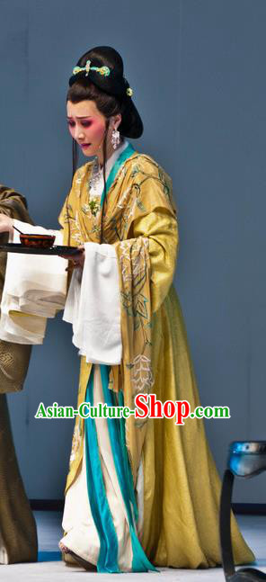 Chinese Shaoxing Opera Rich Dame Apparels and Hair Jewelry Yue Opera Liu Yong Female Costumes Hua Tan Actress Yellow Dress Garment