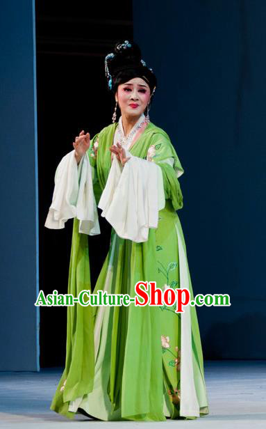 Chinese Shaoxing Opera Diva Garment and Hair Jewelry Yue Opera Liu Yong Female Costumes Hua Tan Actress Green Dress Apparels