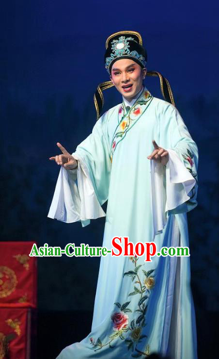 Zhuang Yuan Da Geng Chinese Yue Opera Scholar Shen Wensu Robe Garment and Headwear Shaoxing Opera Xiao Sheng Young Male Costumes Apparels