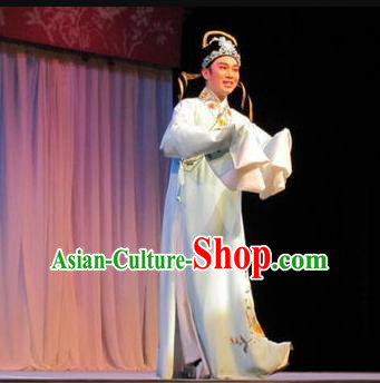 Zhuang Yuan Da Geng Chinese Yue Opera Xiao Sheng Shen Wensu Garment and Headwear Shaoxing Opera Young Male Costumes Apparels Scholar White Robe