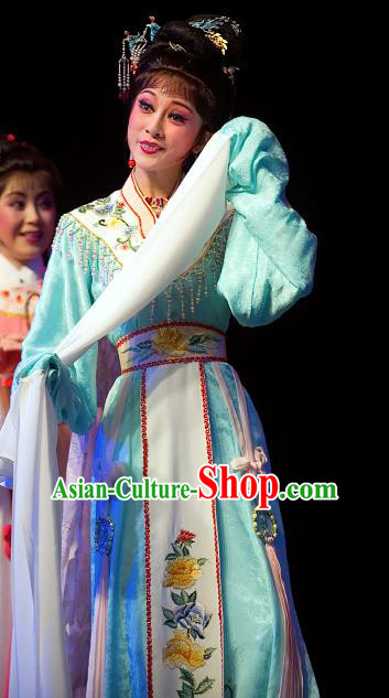 Chinese Shaoxing Opera Hua Tan Blue Dress Garment and Hair Jewelry Yue Opera Zhuang Yuan Da Geng Young Female Liu Chanjin Costumes Actress Apparels