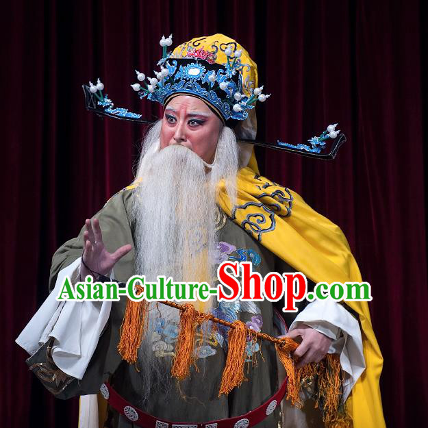 Zhuang Yuan Da Geng Chinese Yue Opera Elderly Male Garment and Headwear Shaoxing Opera Laosheng Costumes Apparels Prime Minister Embroidered Robe