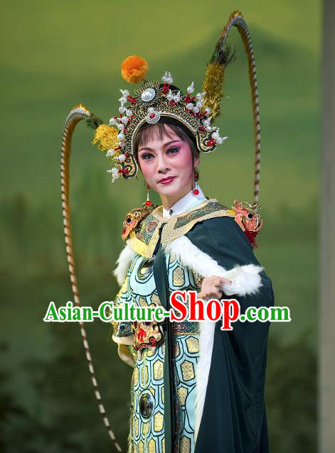 Chinese Shaoxing Opera Blues Dress Garment and Headpieces Yue Opera Zhuang Yuan Da Geng Martial Female Liu Chanjin Apparels Tao Ma Tan Armor Costumes